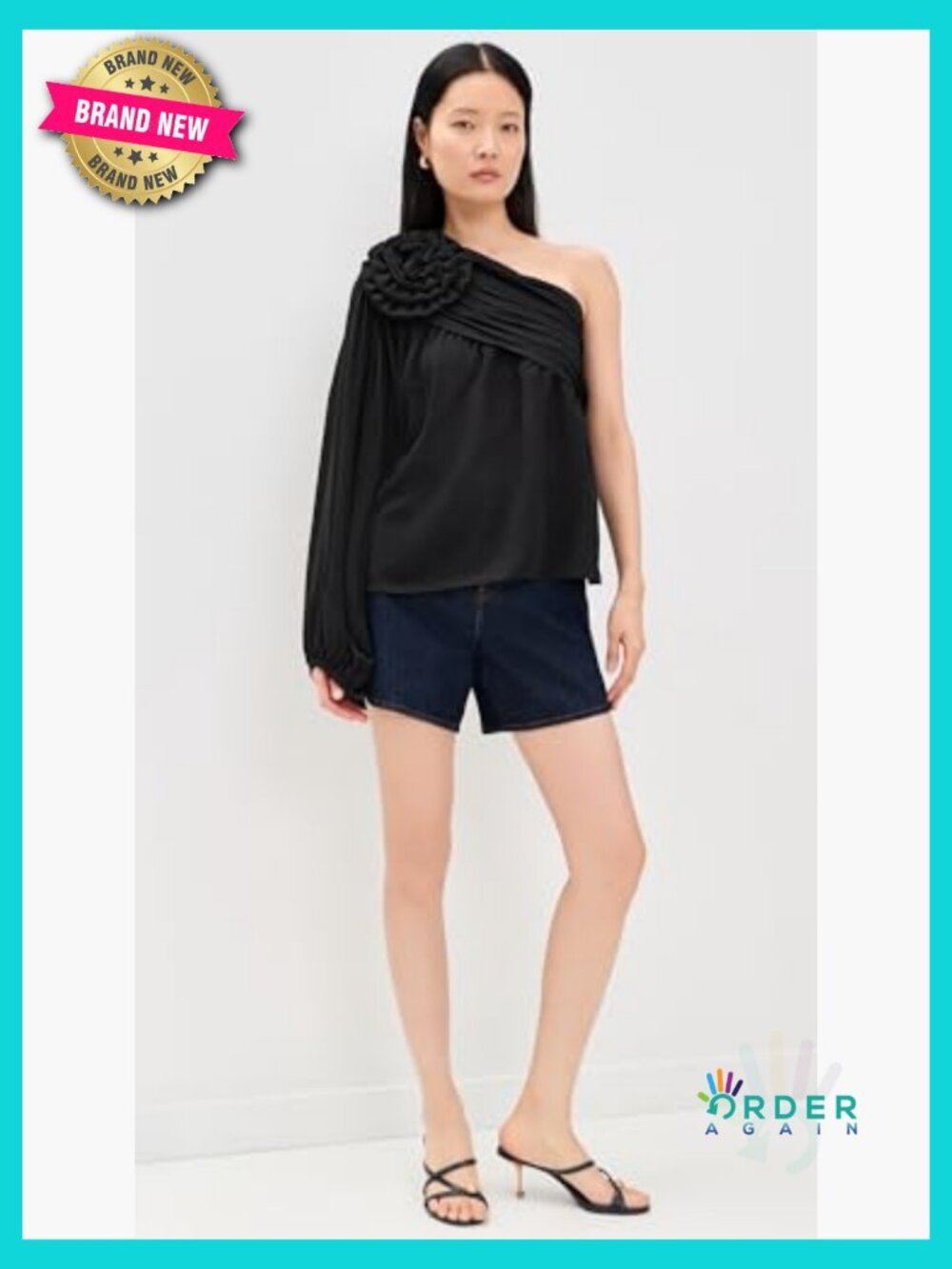 One Shoulder Blouse Lightweight Georgette Loose Fit Elegant Chic Rose Accent - Picture 3 of 6